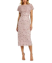 Cap Sleeve Column Midi Dress With Floral Beading