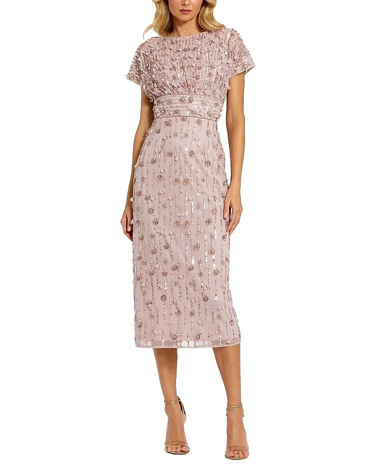 Mac Duggal Cap Sleeve Column Midi Dress With Floral Beading