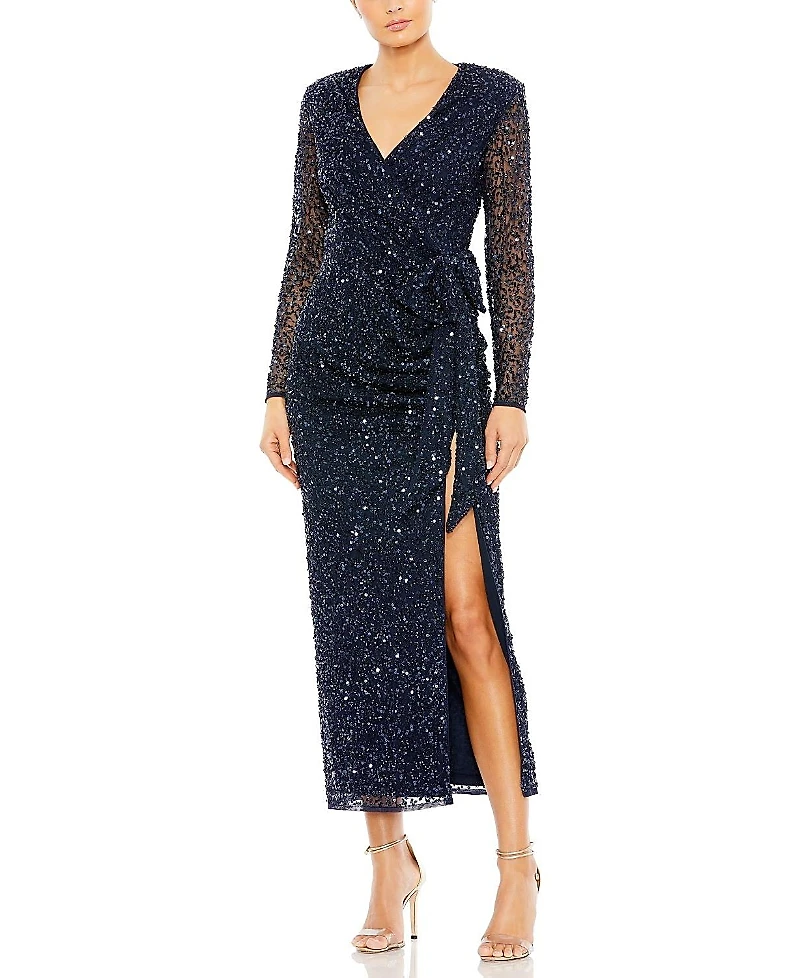 Mac Duggal Long Sleeve V-Neck Sequin Dress