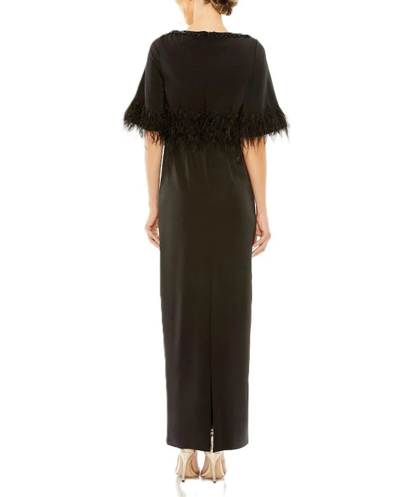 Quarter Sleeve Crystal Neck Feather Detail Dress