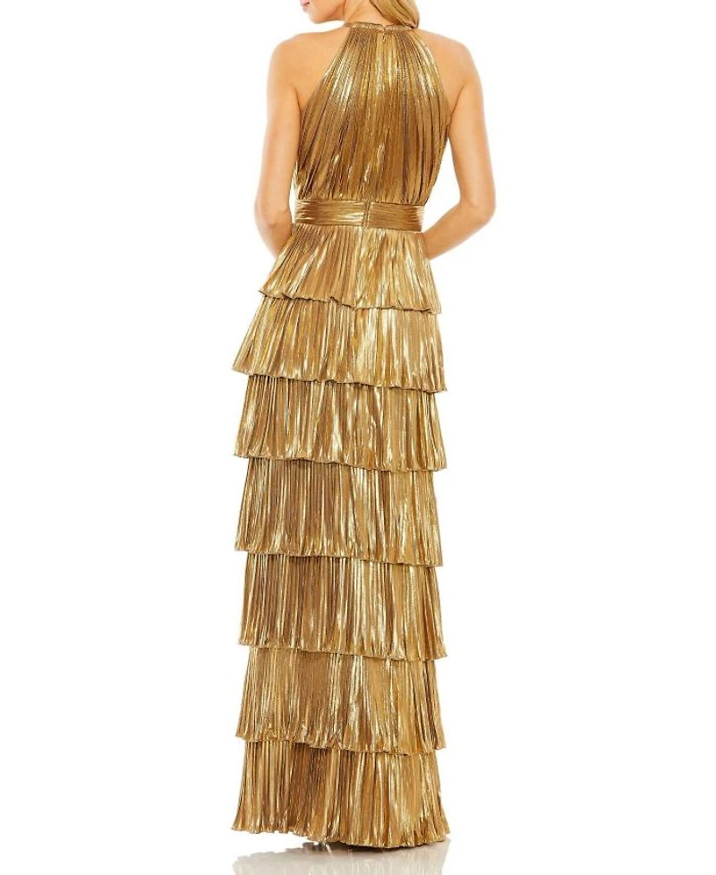High Neck Heat Pleated Tiered Ruffle Metallic Gown