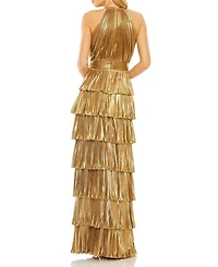 High Neck Heat Pleated Tiered Ruffle Metallic Gown