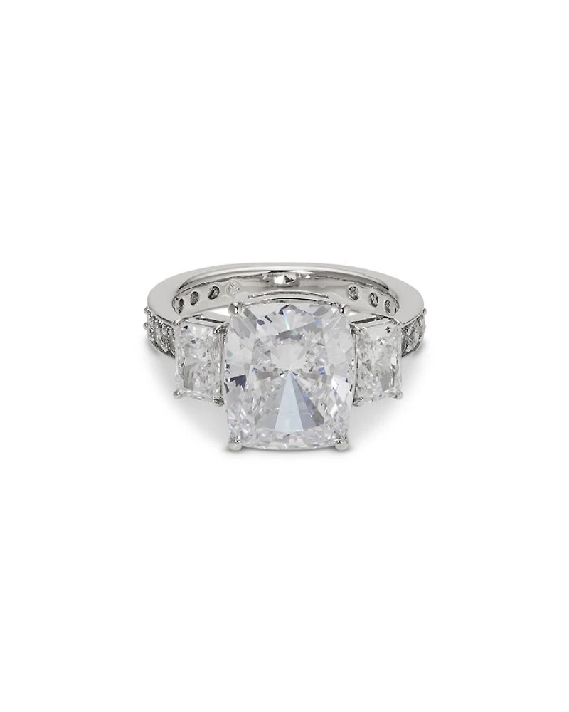Cubic Zirconia Three Stone Cocktail Ring Rhodium Plated