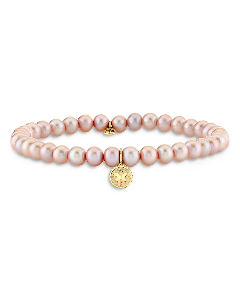 Sydney Evan Wicked x Sydney Evan 14K Yellow Gold Glinda Butterfly Charm Pink Freshwater Pearl Bracelet