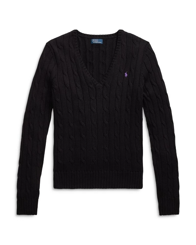 Women's Cable Knit Cotton V Neck Sweater