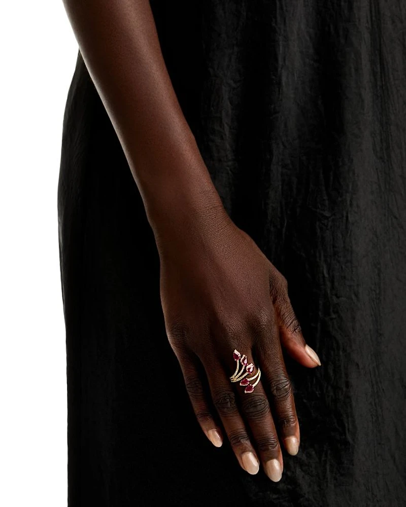 14K Yellow Gold Ruby Double Row Bypass Ring