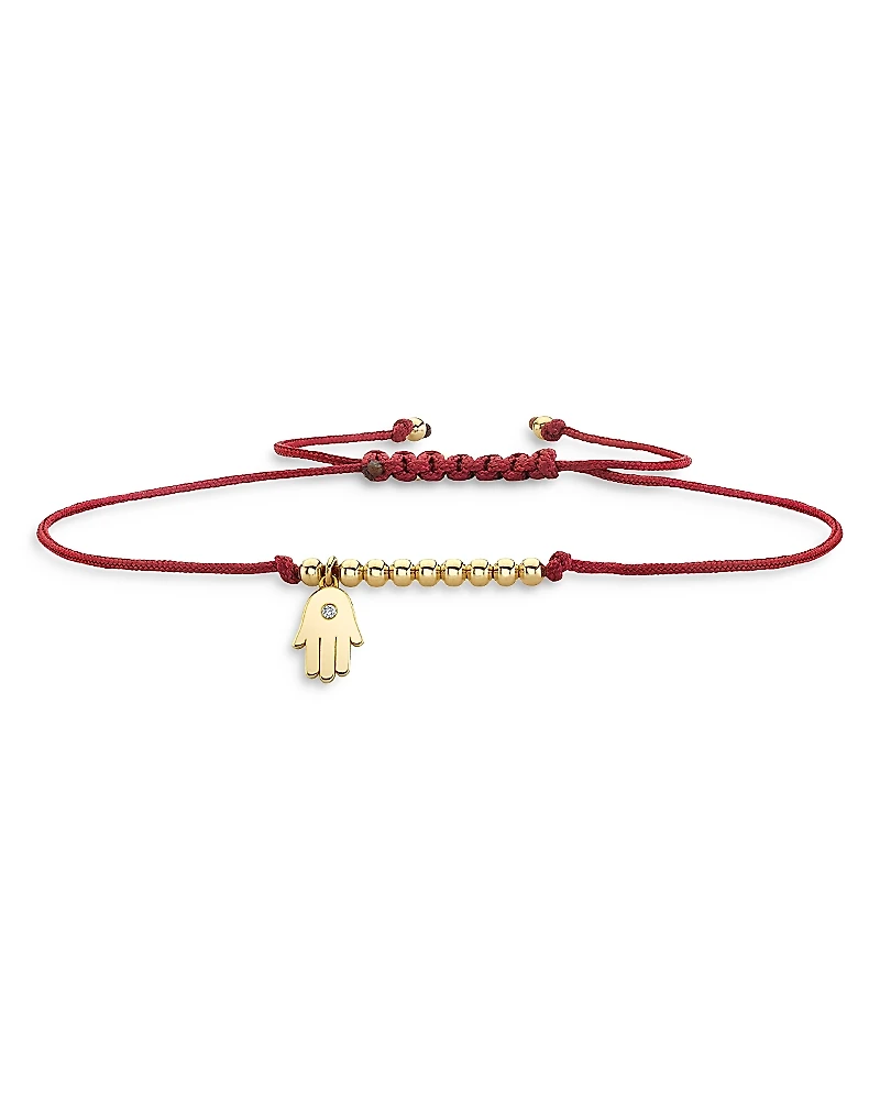 Sydney Evan 14K Yellow Gold Diamond Hamsa Charm Red Cord Bracelet