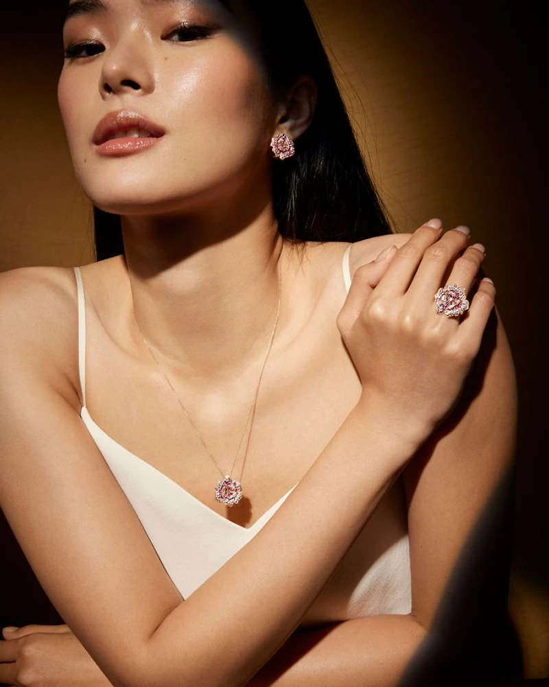 Pink Sapphire & Diamond Rose Flower Earrings in 14K Rose Gold