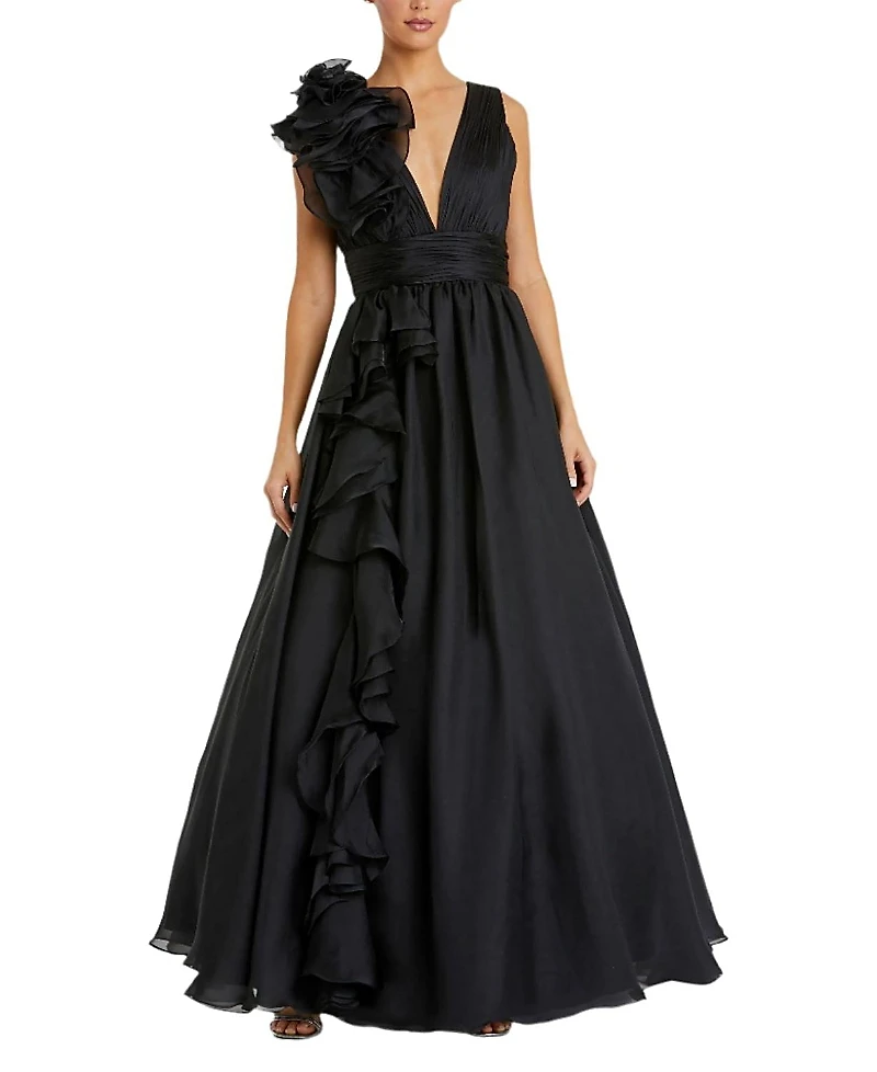 Mac Duggal Ruffle Shoulder V-Neck Chiffon Gown