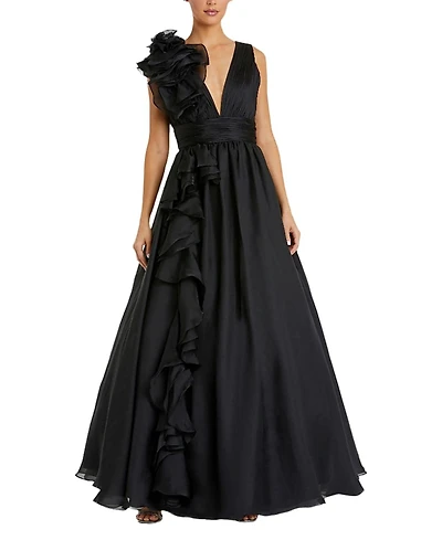 Mac Duggal Ruffle Shoulder V-Neck Chiffon Gown