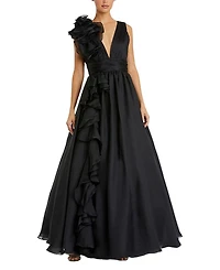 Mac Duggal Ruffle Shoulder V-Neck Chiffon Gown