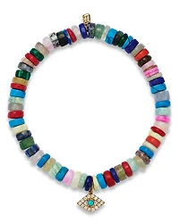 Sydney Evan 14K Yellow Gold Turquoise & Diamond Evil Eye Rainbow Heishi Bead Stretch Bracelet