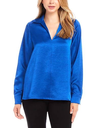 Karen Kane Collared Long Sleeve Satin Blouse