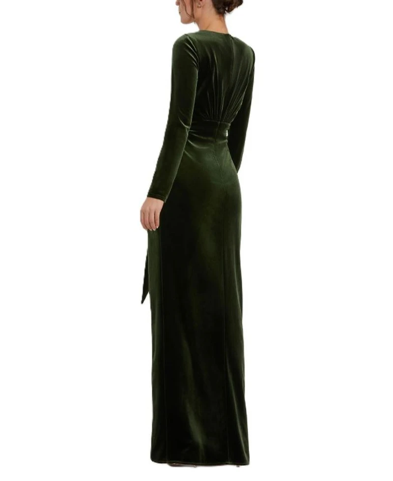 Long Sleeve Deep V Draped Velvet Gown