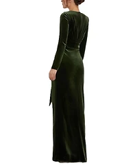 Long Sleeve Deep V Draped Velvet Gown