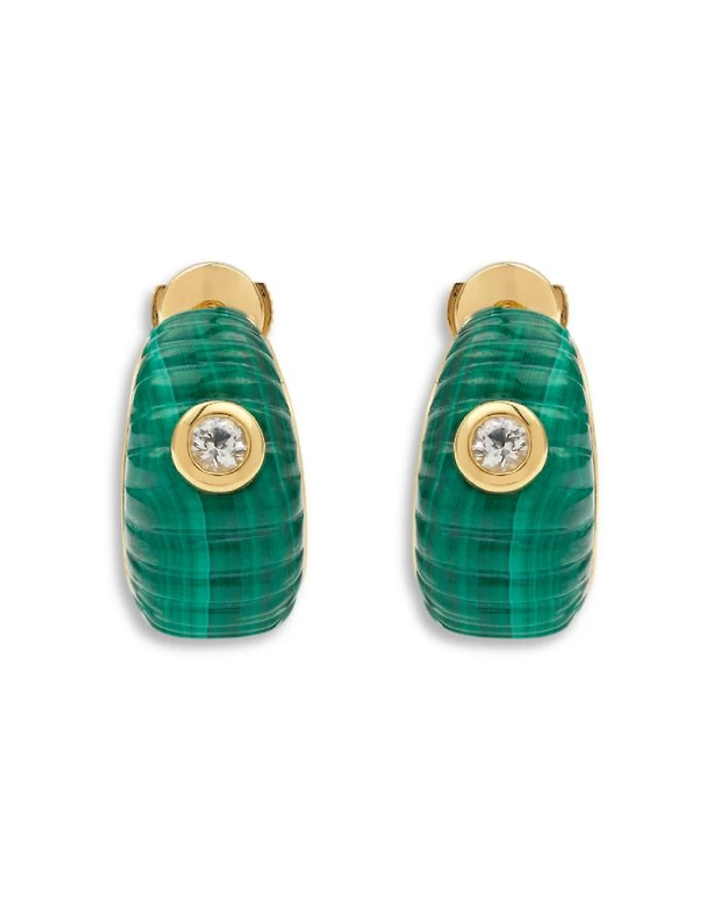 9K Yellow Gold Paire de Creoles Berlingot Malachite & White Topaz Hoop Earrings