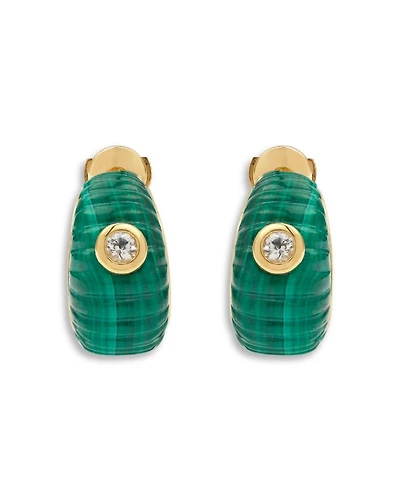 9K Yellow Gold Paire de Creoles Berlingot Malachite & White Topaz Hoop Earrings