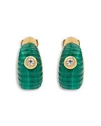 9K Yellow Gold Paire de Creoles Berlingot Malachite & White Topaz Hoop Earrings