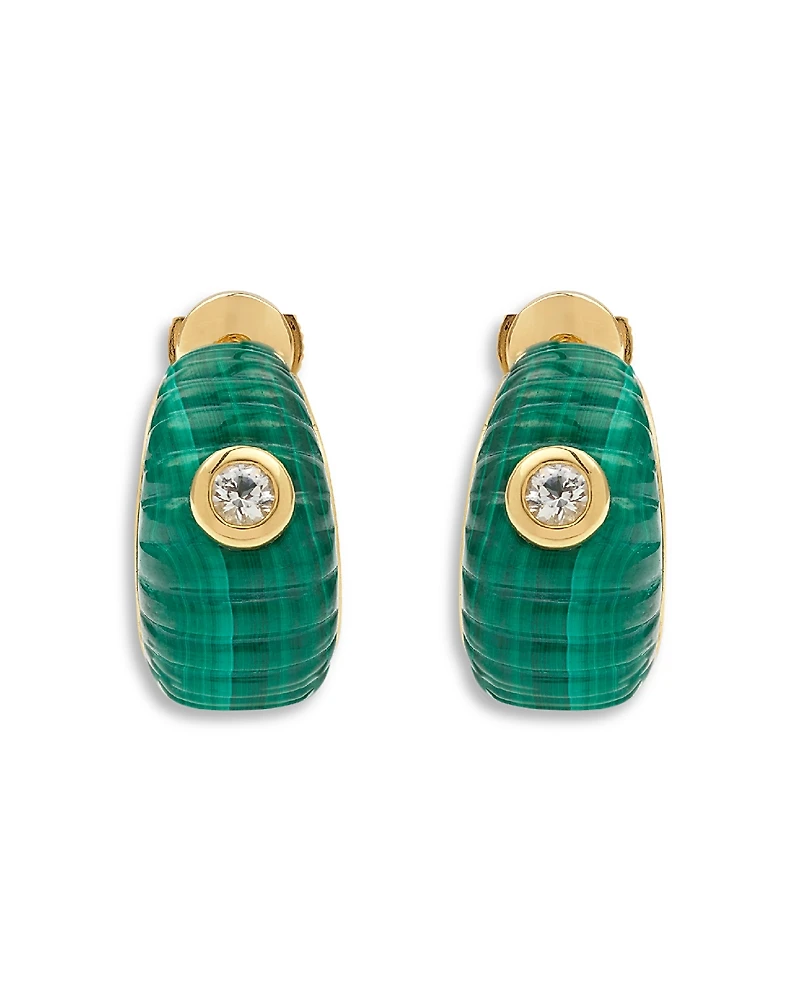 Yvonne Leon 9K Yellow Gold Paire de Creoles Berlingot Malachite & White Topaz Hoop Earrings