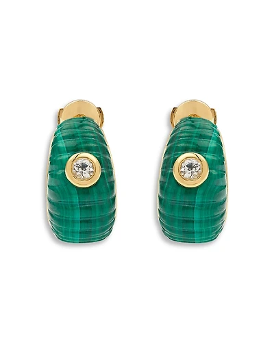Yvonne Leon 9K Yellow Gold Paire de Creoles Berlingot Malachite & White Topaz Hoop Earrings