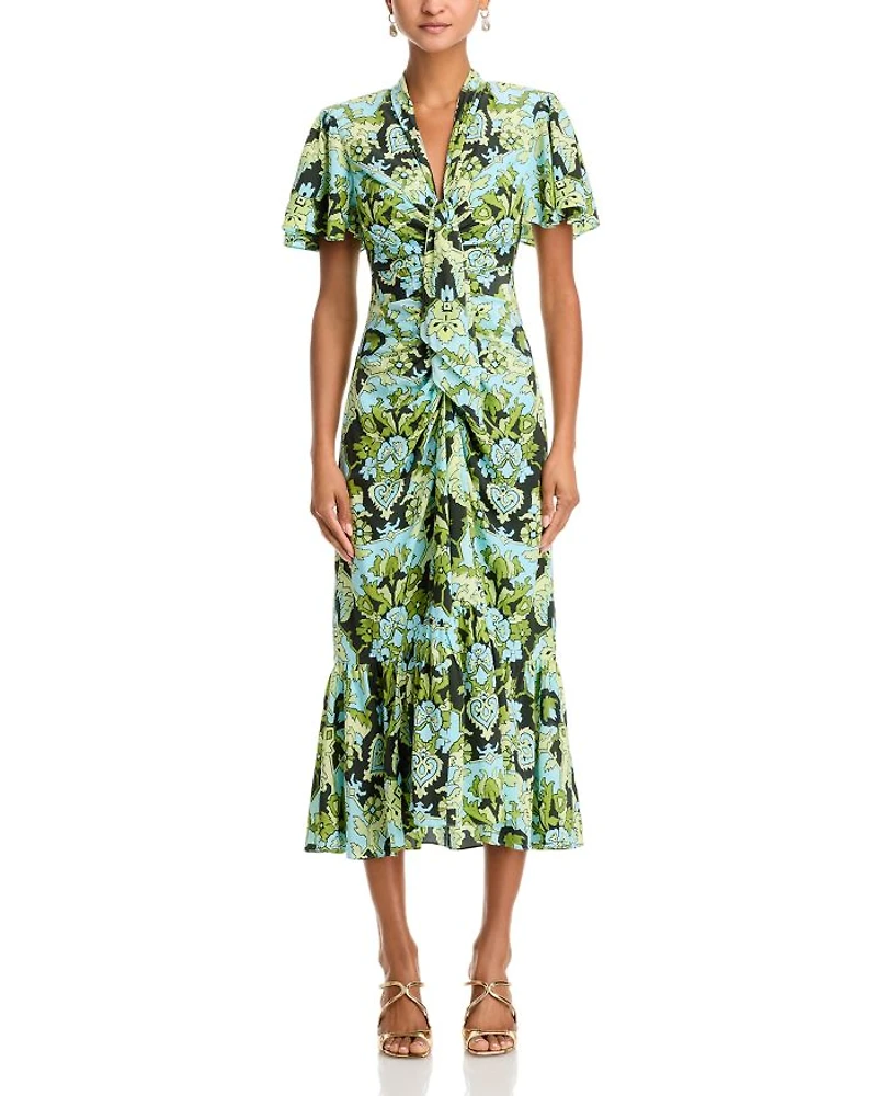 Damask Floral Tie Neck Ruched Midi Dress