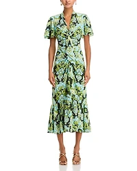 Damask Floral Tie Neck Ruched Midi Dress