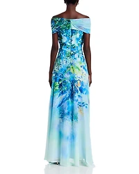 Chiffon Criss Cross Off-the-Shoulder Leaf Print Gown