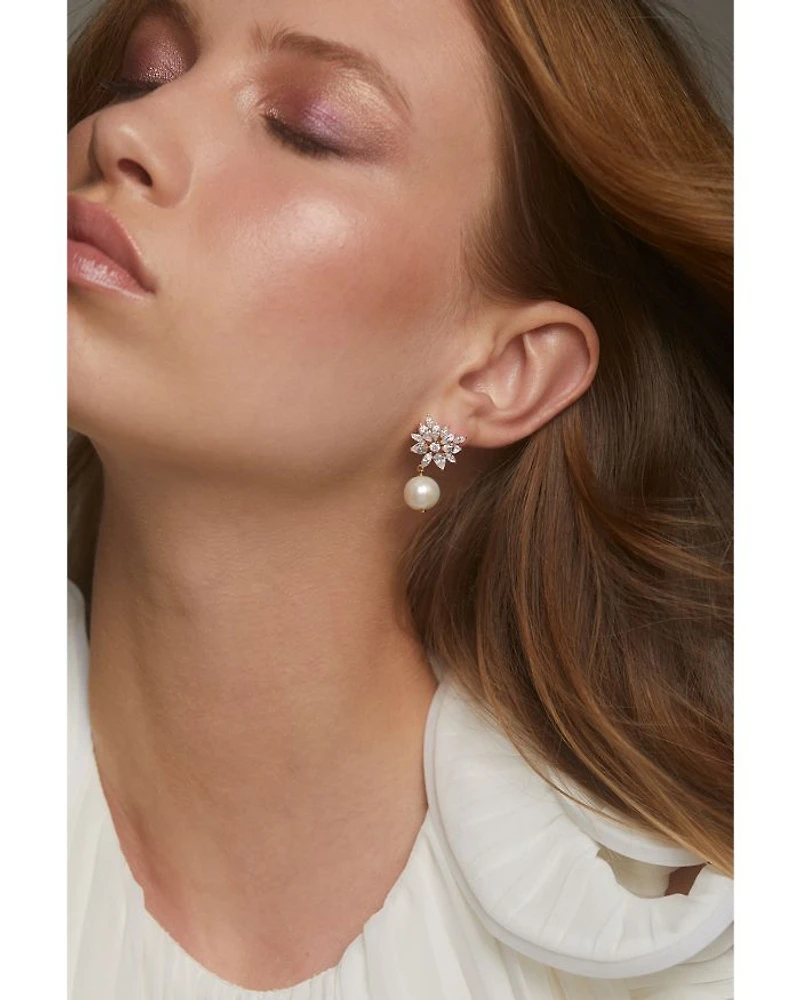 Sav Cubic Zirconia Cluster & Cultured Freshwater Pearl Drop Earrings in 18K Gold Plated