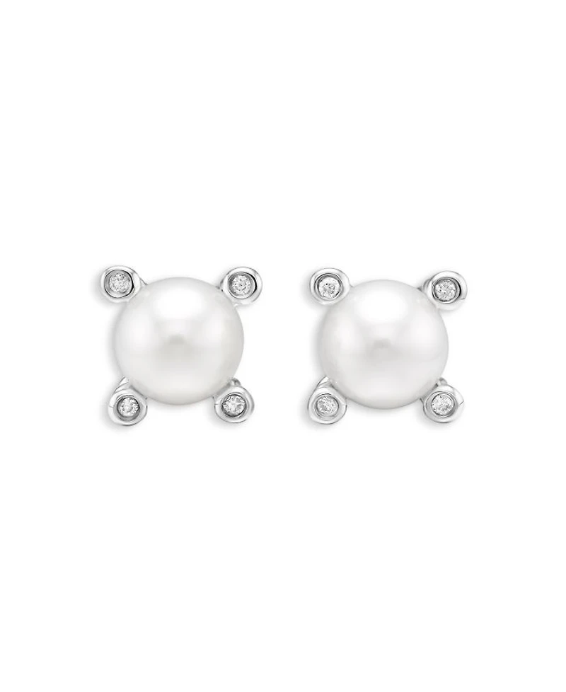 Pearl Stud Earrings in Sterling Silver with Pearls and Diamonds, 7.4mm