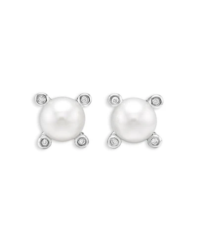 Pearl Stud Earrings in Sterling Silver with Pearls and Diamonds, 7.4mm