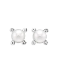 Pearl Stud Earrings in Sterling Silver with Pearls and Diamonds, 7.4mm