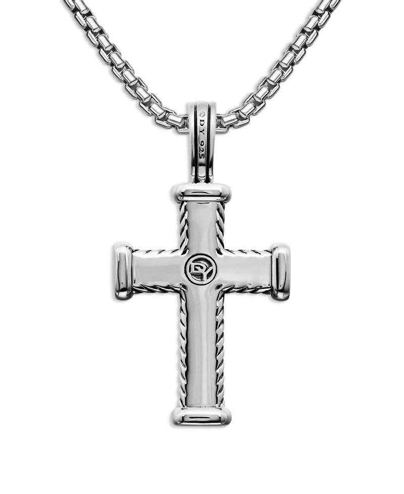 Men's Chevron Cross Pendant in Sterling Silver with Black Diamonds, 33.5mm