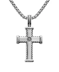 Men's Chevron Cross Pendant in Sterling Silver with Black Diamonds, 33.5mm