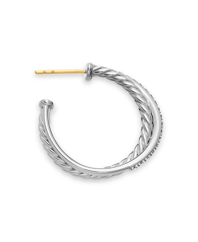 Sterling Silver Crossover Medium Hoop Earrings with Diamonds