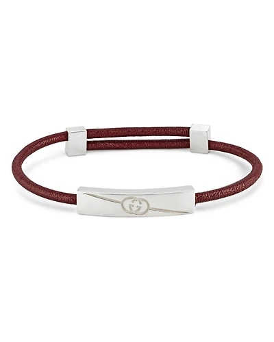 Sterling Silver Gucci Tag Leather & Logo Bar Slide Bracelet