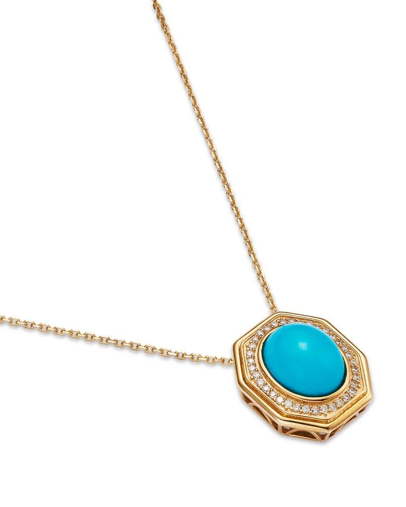 Turquoise & Diamond Halo Pendant Necklace in 14K Yellow Gold, 17.5"