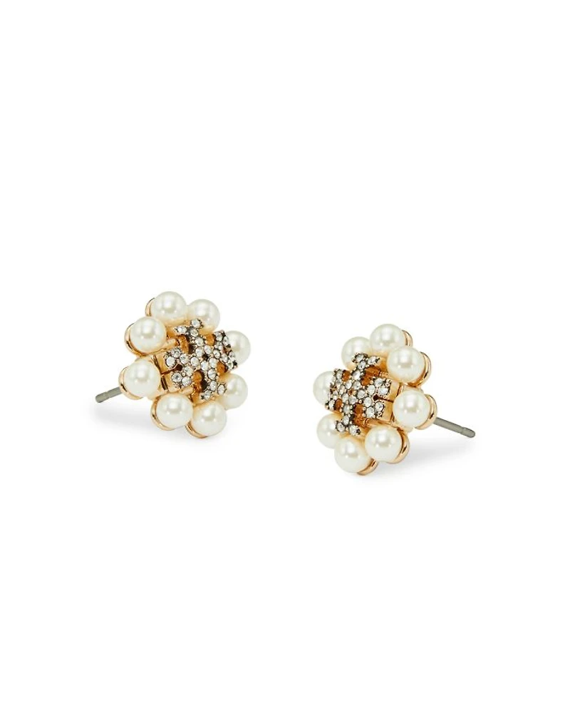 Kira Pavé Double T & Imitation Pearl Stud Earrings in 18K Gold Plated