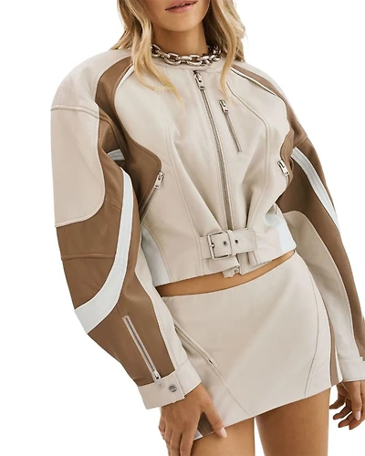 Dustin Cropped Leather Contrast Insert Racer Jacket