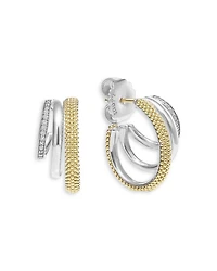 Two Tone Caviar Lux Three Ring Diamond Hoop Earrings, 0.16 tcw