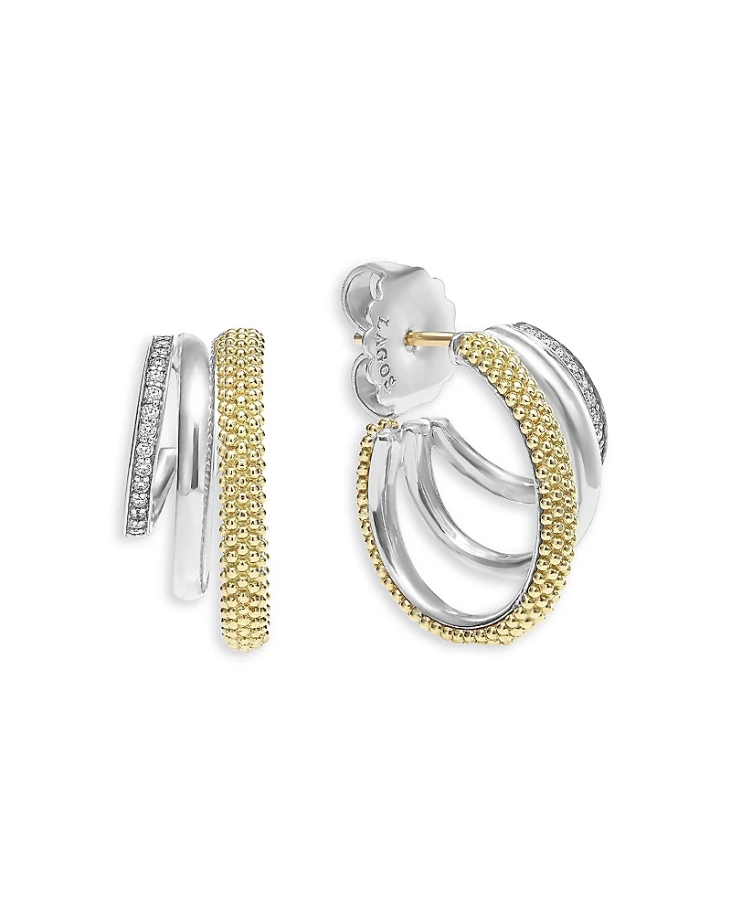 Lagos Two Tone Caviar Lux Three Ring Diamond Hoop Earrings, 0.16 tcw