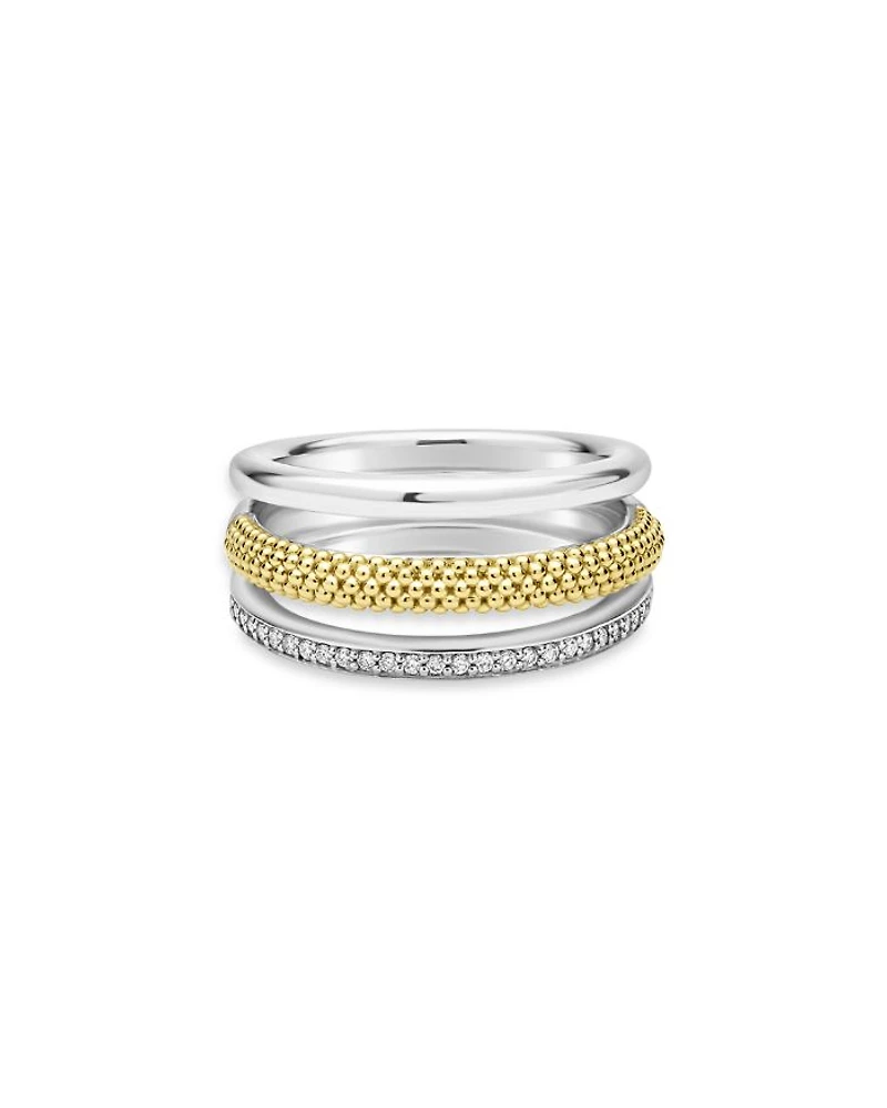 Two Tone Caviar Lux Three Row Diamond Ring, 0.135 tcw