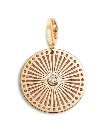 14K Yellow Gold White Diamond Engraved Sunbeam Medallion Disc Clip On Charm
