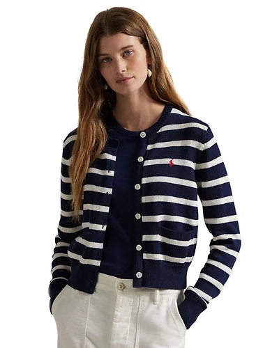 Striped Cotton Crewneck Cardigan