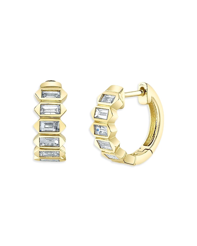 Shy Creation 14k Yellow Gold Bailey Diamond Baguette Huggie Hoop Earrings