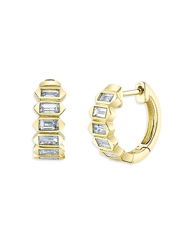 Shy Creation 14k Yellow Gold Bailey Diamond Baguette Huggie Hoop Earrings