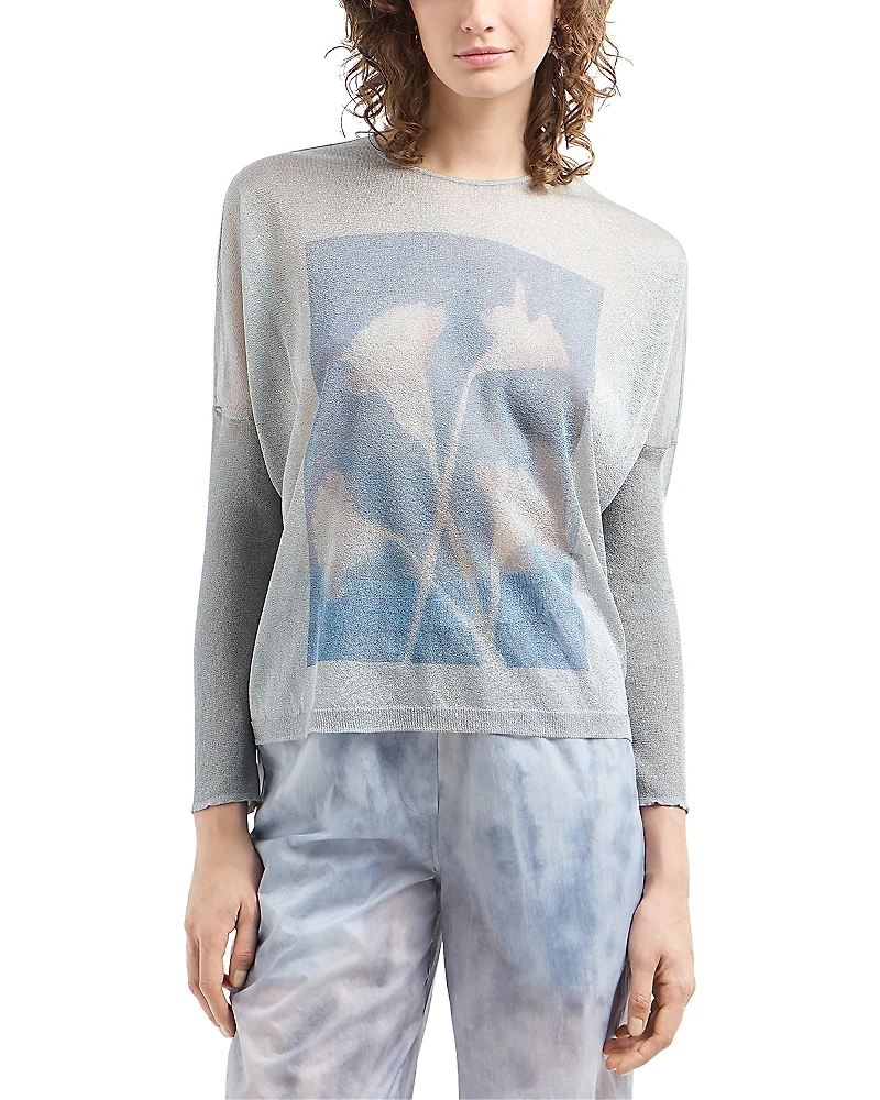 Emporio Armani Semi Sheer Lurex Sweater with Floral Digital Print