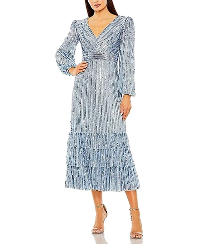 Mac Duggal Long Sleeve Deep V Tiered Ruffle Sequin Dress