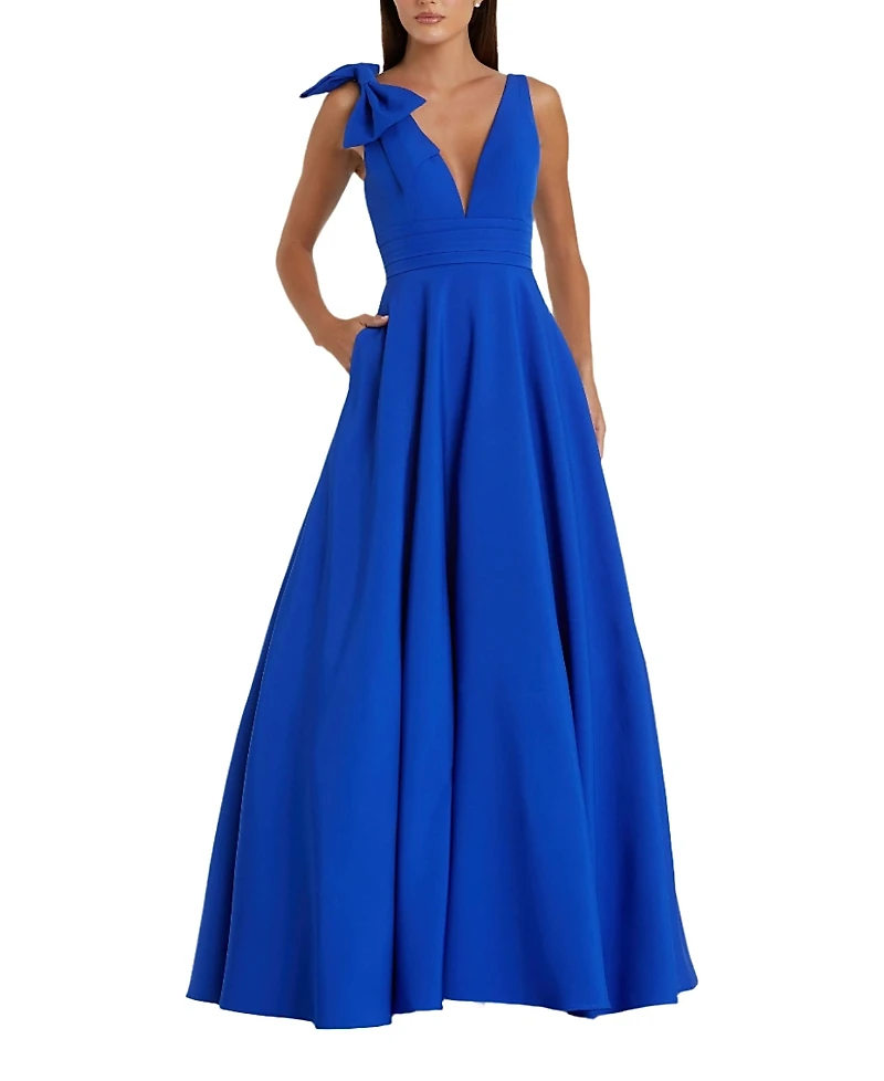 Mac Duggal Crepe Sleeveless V Neck Ballgown with Bow