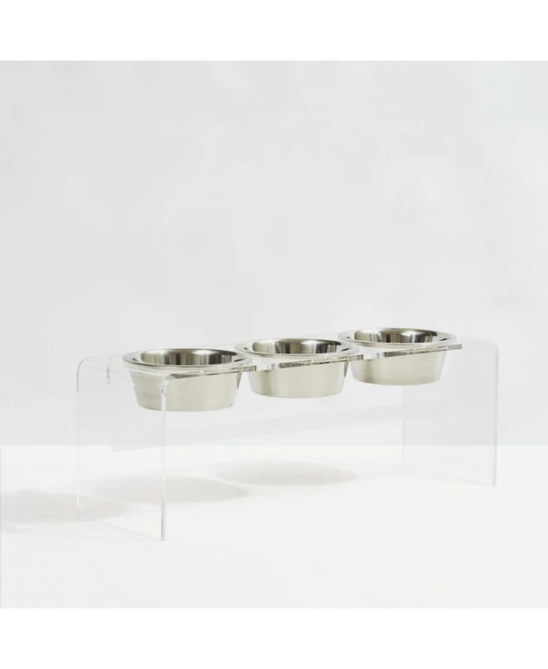 Tall Clear Triple Dog Bowl Feeder with 2 Quart Silver Bowls