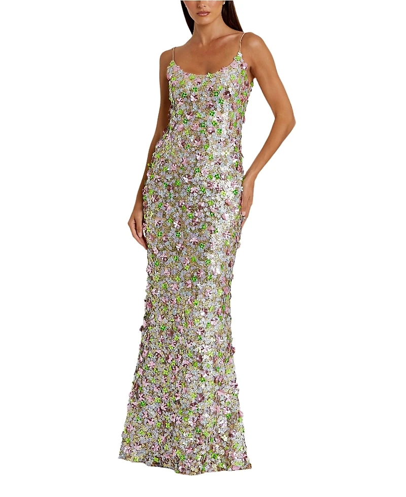 Mac Duggal Sleeveless Floral Paulette Embellished Mesh Gown